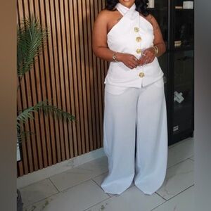 White w/Gold Buttons Halter Pant Set